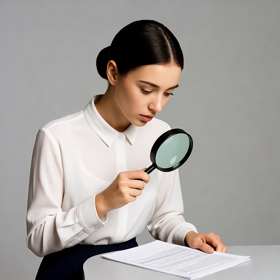 Asian woman examining documents with magnifying glass Asian woman examining documents with magnifying glass