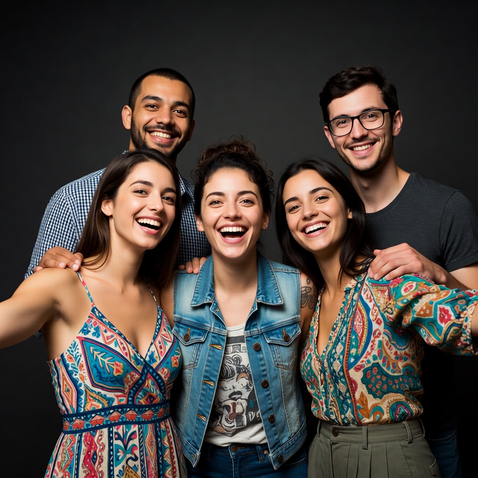 Group of four smiling friends posing together Group of four smiling friends posing together