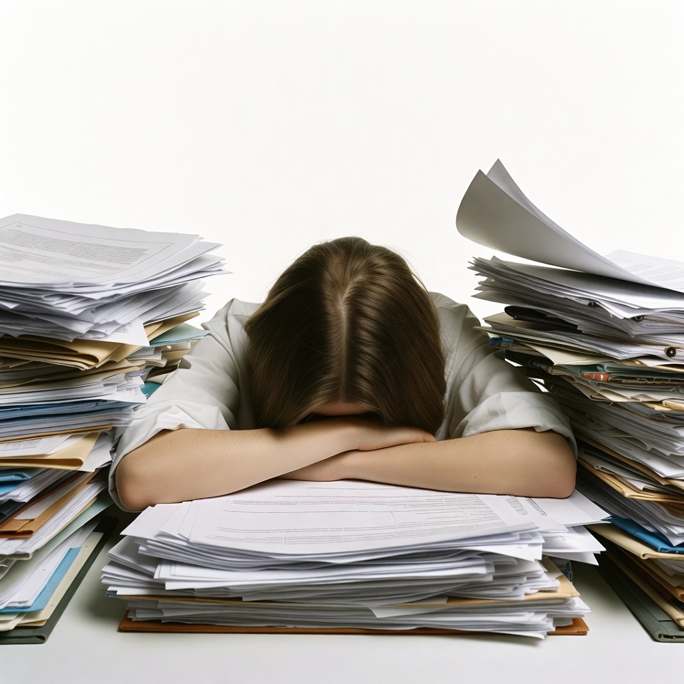 Woman asleep on desk buried in paperwork Woman asleep on desk buried in paperwork