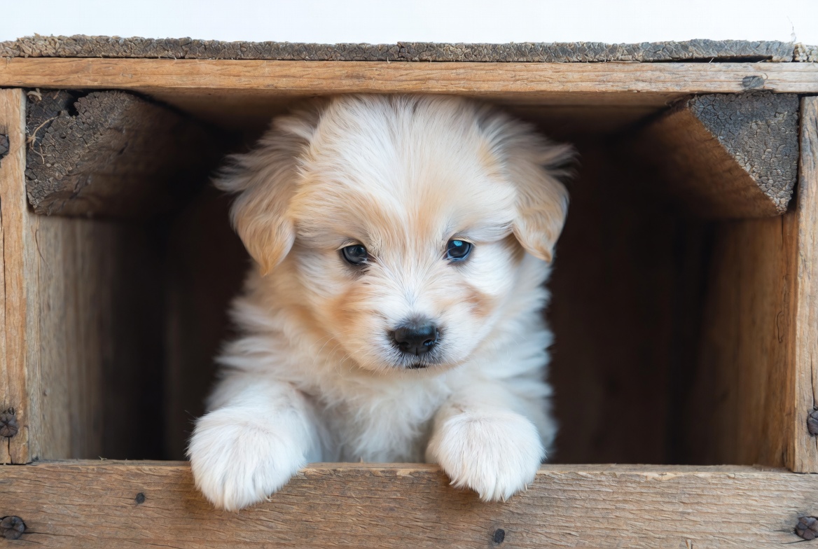 Fluffy puppy peeking from wooden crate Fluffy puppy peeking from wooden crate