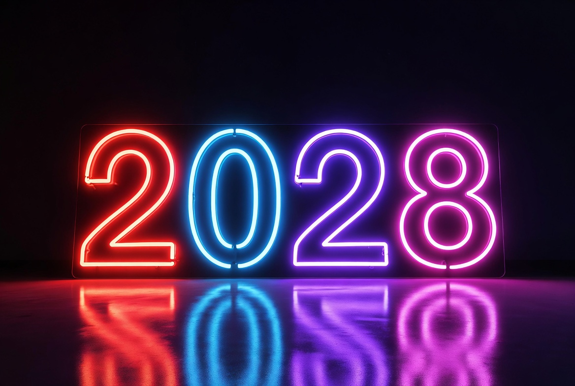 Neon 2028 Numbers on Reflective Floor Neon 2028 Numbers on Reflective Floor