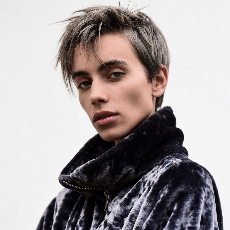 Man with gray hair in fur collar jacket Man with gray hair in fur collar jacket