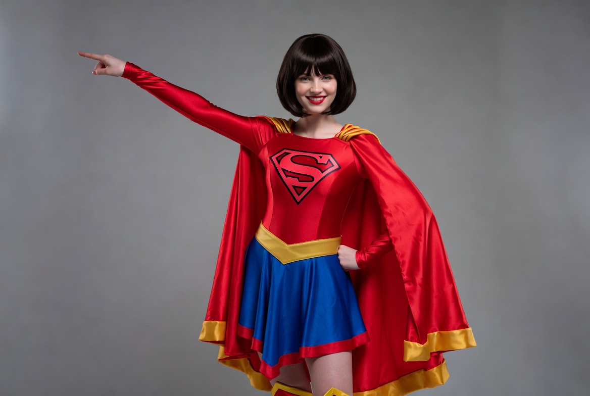 Woman in Supergirl costume pointing Woman in Supergirl costume pointing