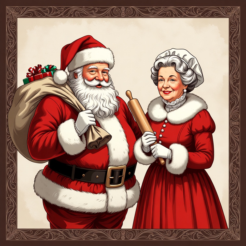 Santa Claus and Mrs. Claus with rolling pins Santa Claus and Mrs. Claus with rolling pins
