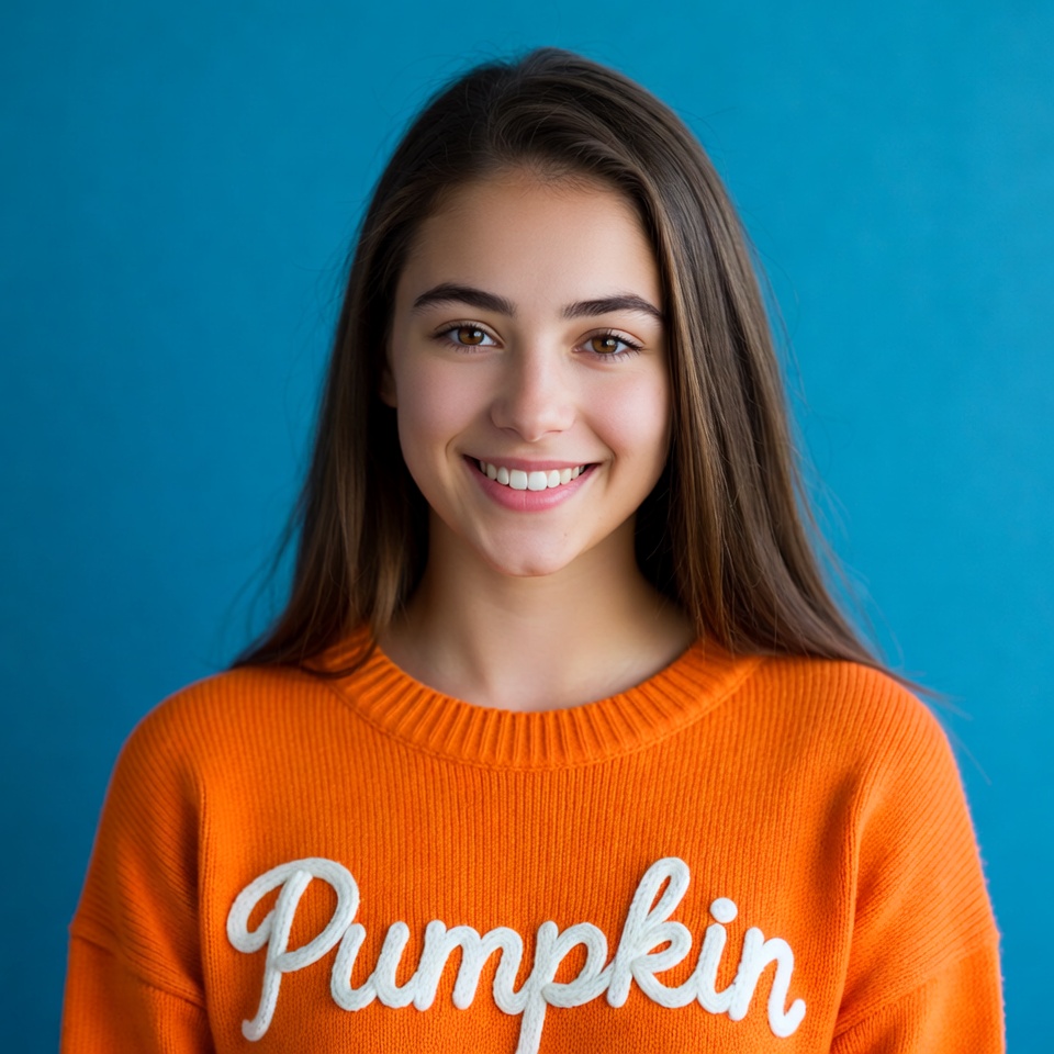 Girl smiling in Pumpkin sweater Girl smiling in Pumpkin sweater