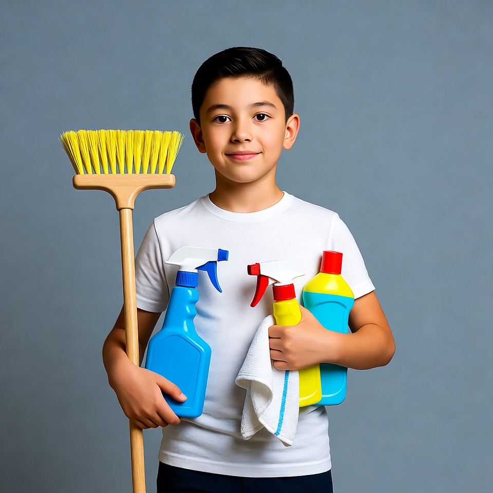 Boy holding cleaning supplies and broom Boy holding cleaning supplies and broom