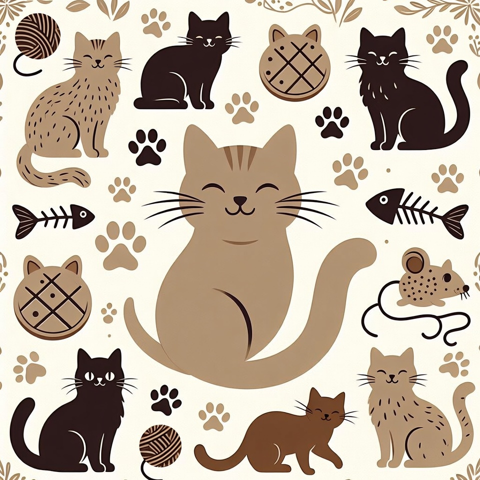 Cute Cats Illustration with Yarn and Toys Cute Cats Illustration with Yarn and Toys