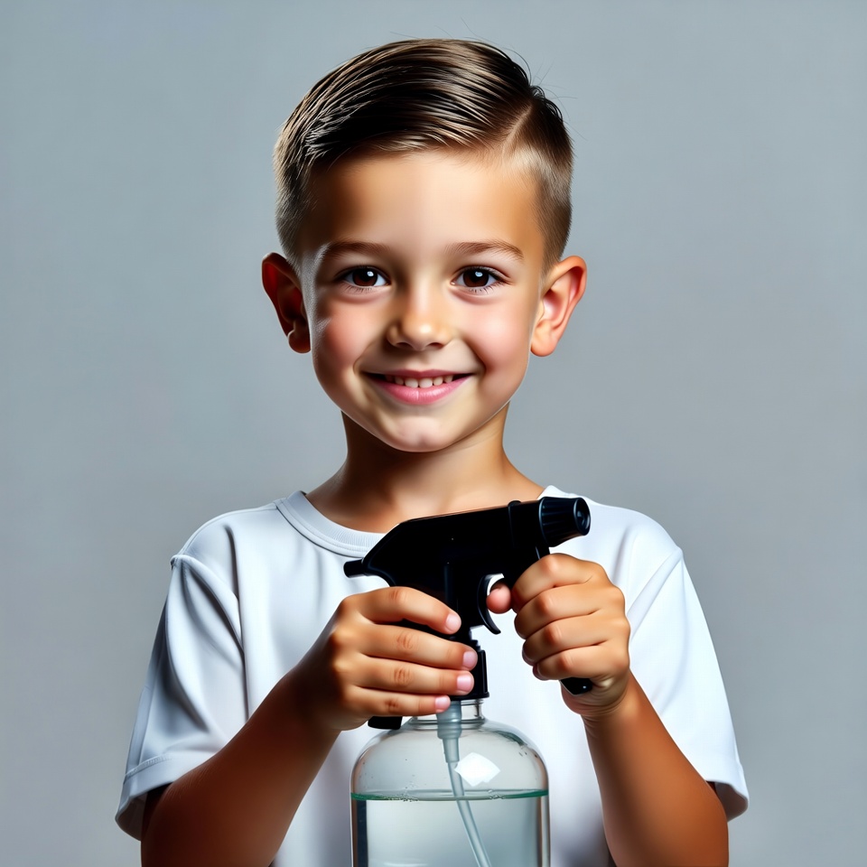 Boy holding spray bottle cleaner Boy holding spray bottle cleaner