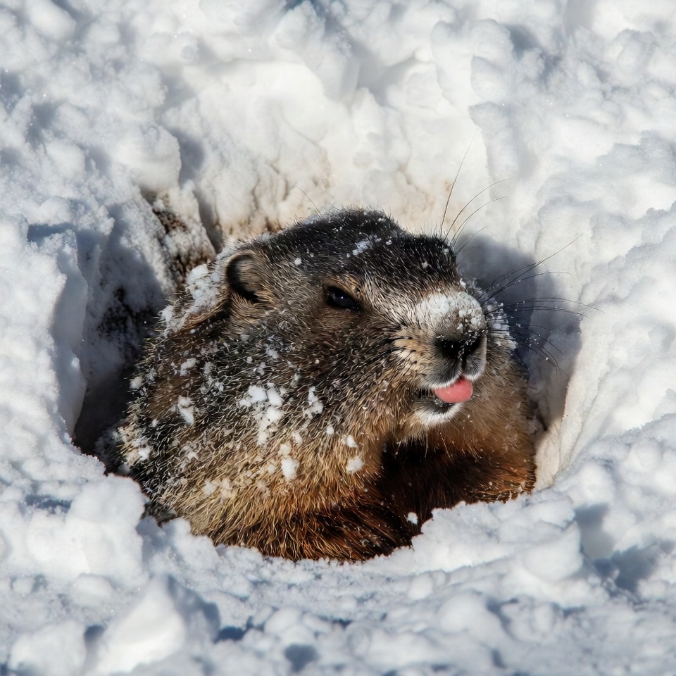 Groundhog sticking tongue out from snow hole Groundhog sticking tongue out from snow hole