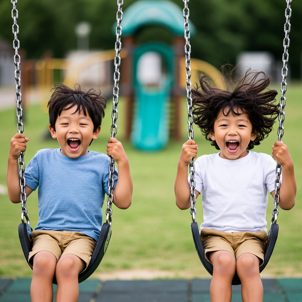 Asian twin boys swinging on playground swings Asian twin boys swinging on playground swings