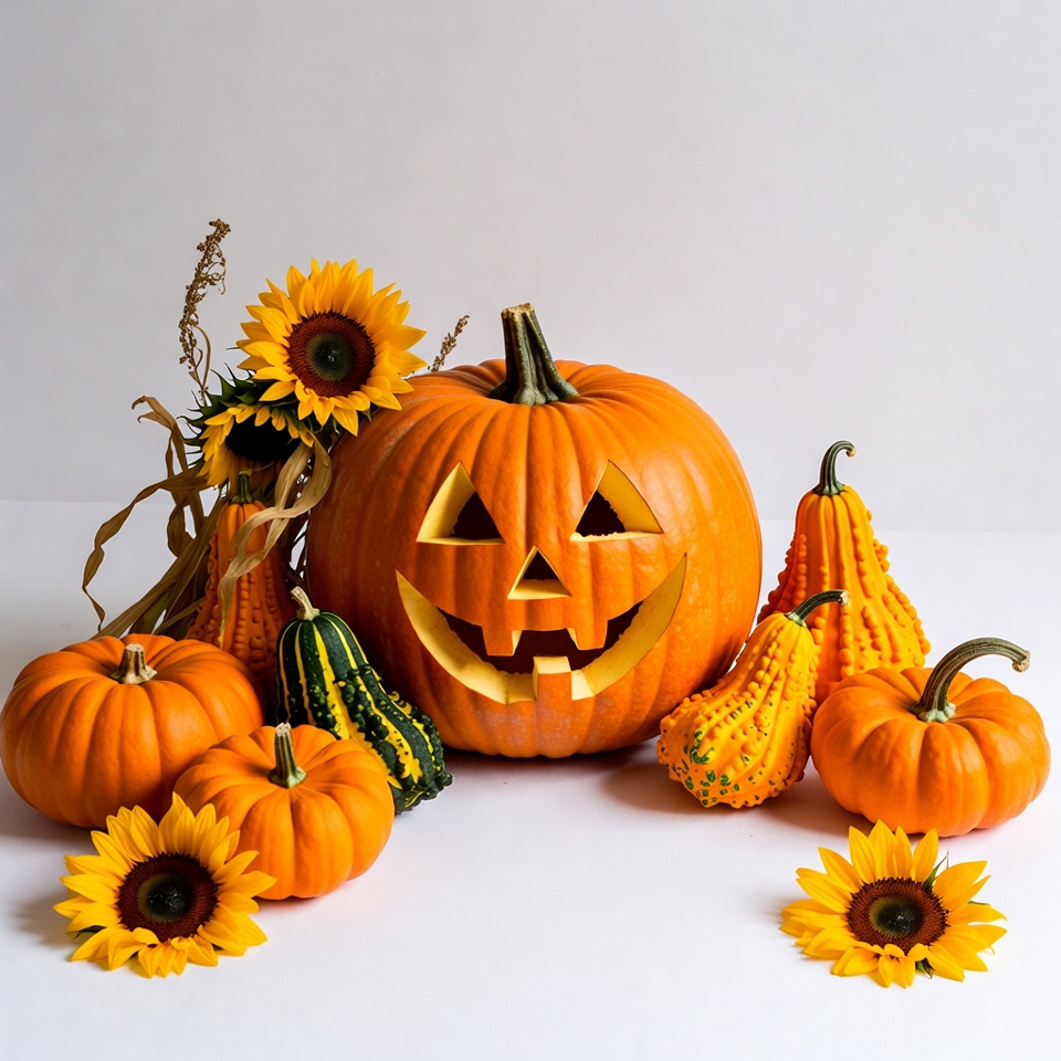 Jack-o'-lantern with pumpkins and sunflowers Jack-o'-lantern with pumpkins and sunflowers