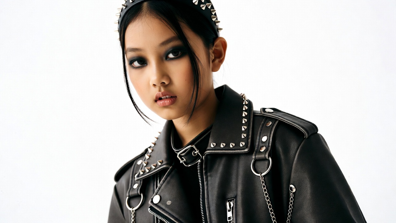 Asian girl in studded leather jacket Asian girl in studded leather jacket