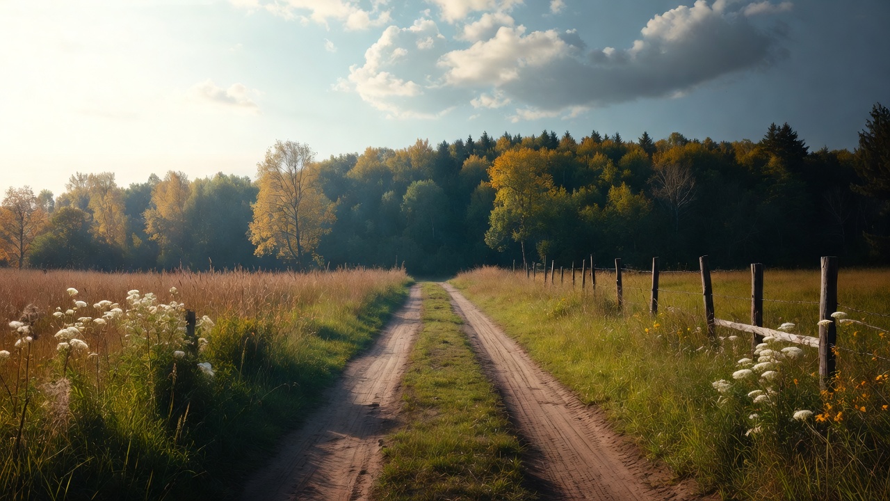 Dirt Path Through Autumn Forest Field Dirt Path Through Autumn Forest Field