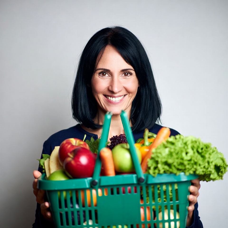 Woman holding basket of vegetables Woman holding basket of vegetables