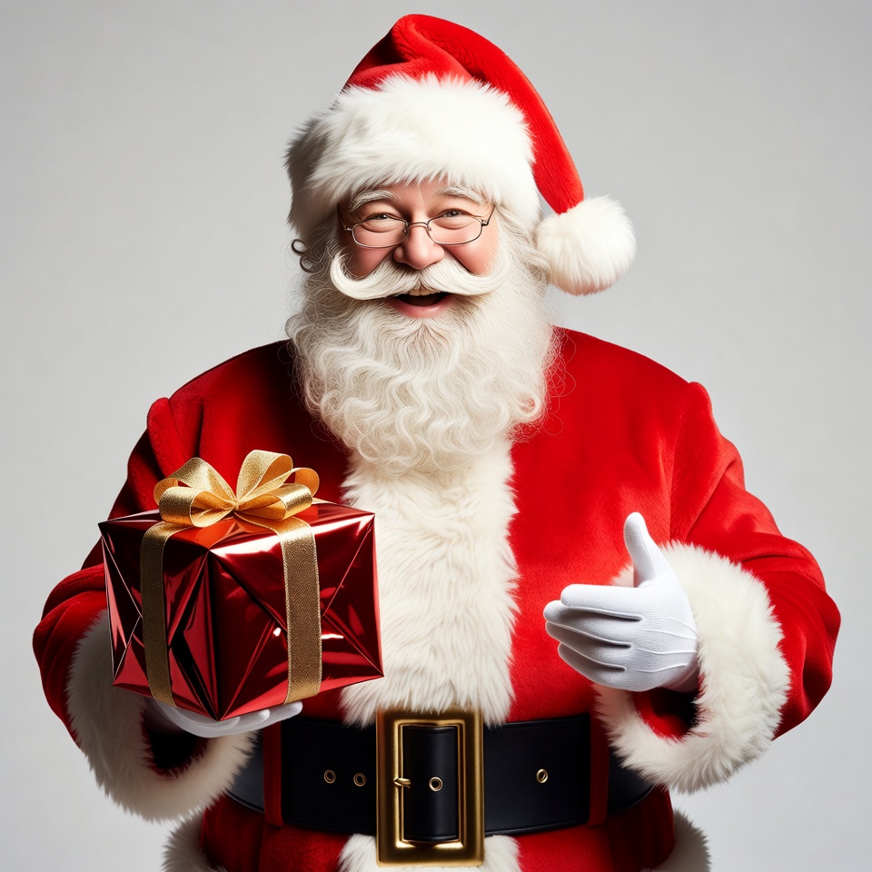 Smiling Santa holding red gift box Smiling Santa holding red gift box