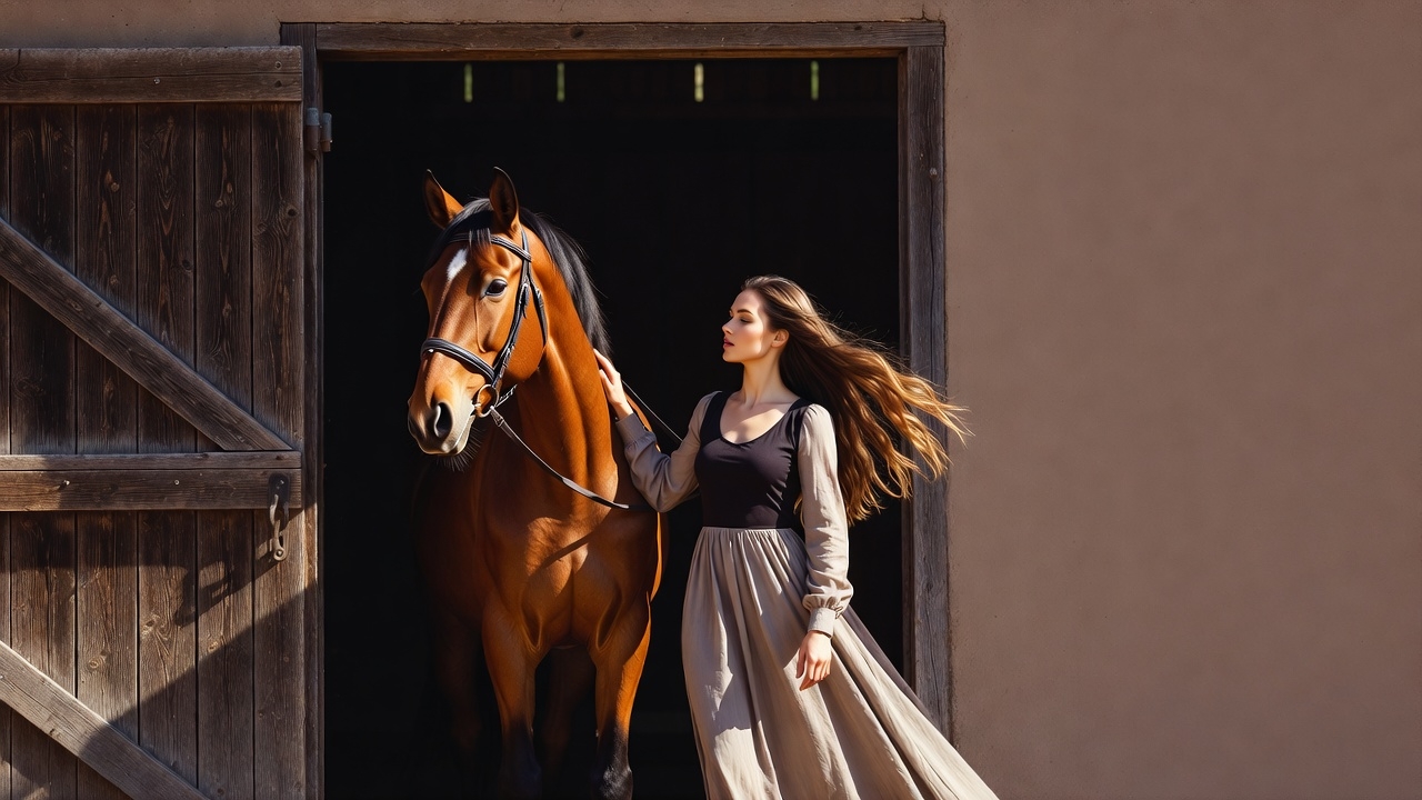 Woman holding brown horse by barn Woman holding brown horse by barn
