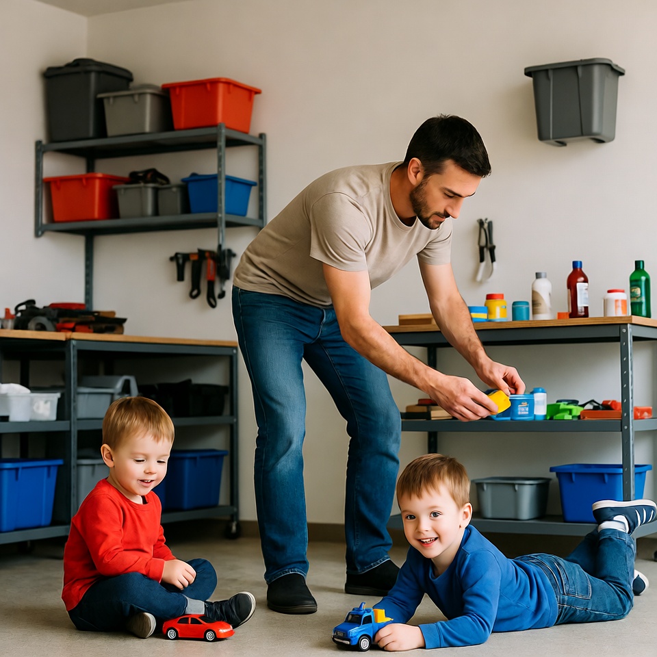 Father and two boys playing toy cars in garage Father and two boys playing toy cars in garage