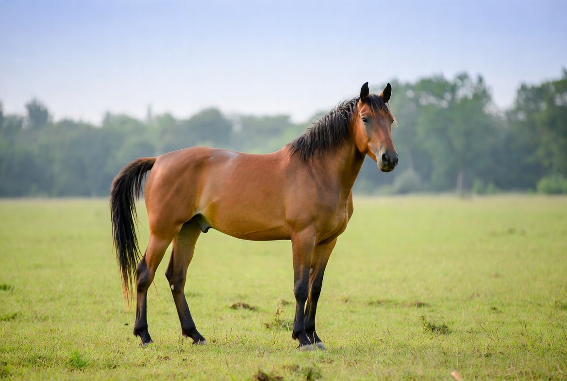 Brown horse standing in green field Brown horse standing in green field