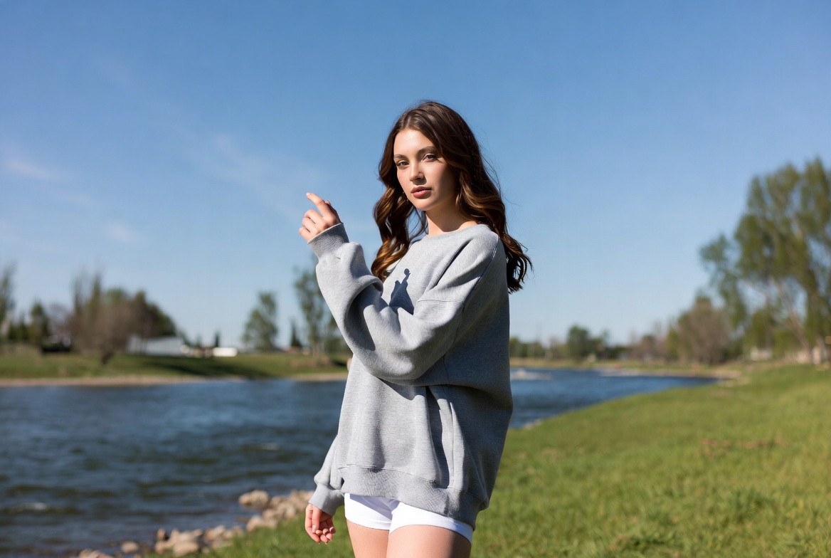 Woman pointing by river in gray hoodie Woman pointing by river in gray hoodie