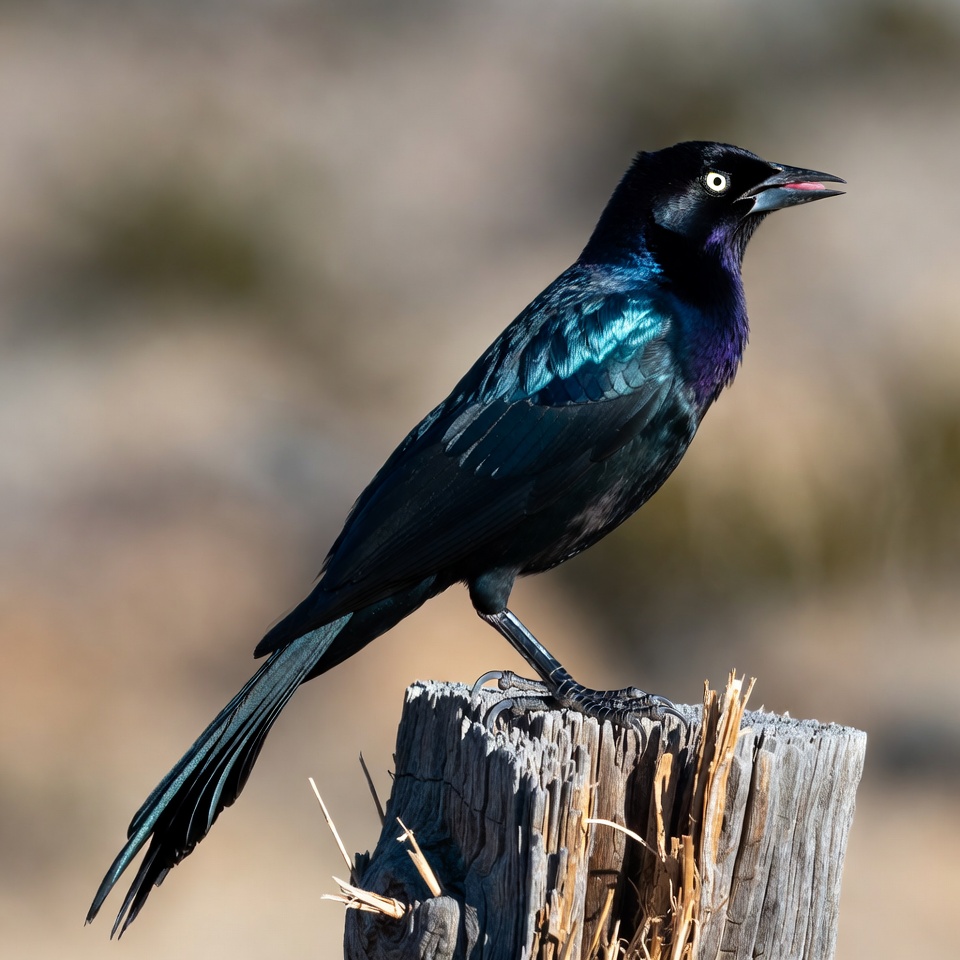 Great-tailed Grackle on wooden post Great-tailed Grackle on wooden post