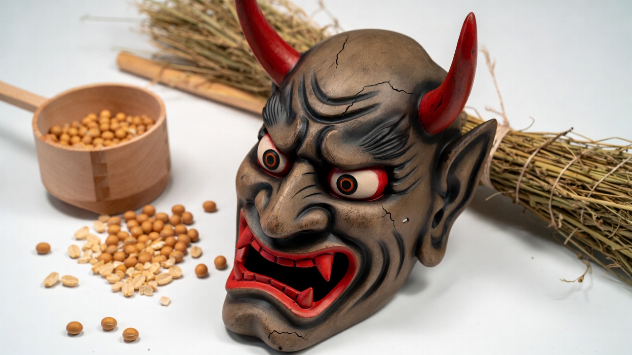 Hannya Demon Mask with Beans and Bamboo Hannya Demon Mask with Beans and Bamboo