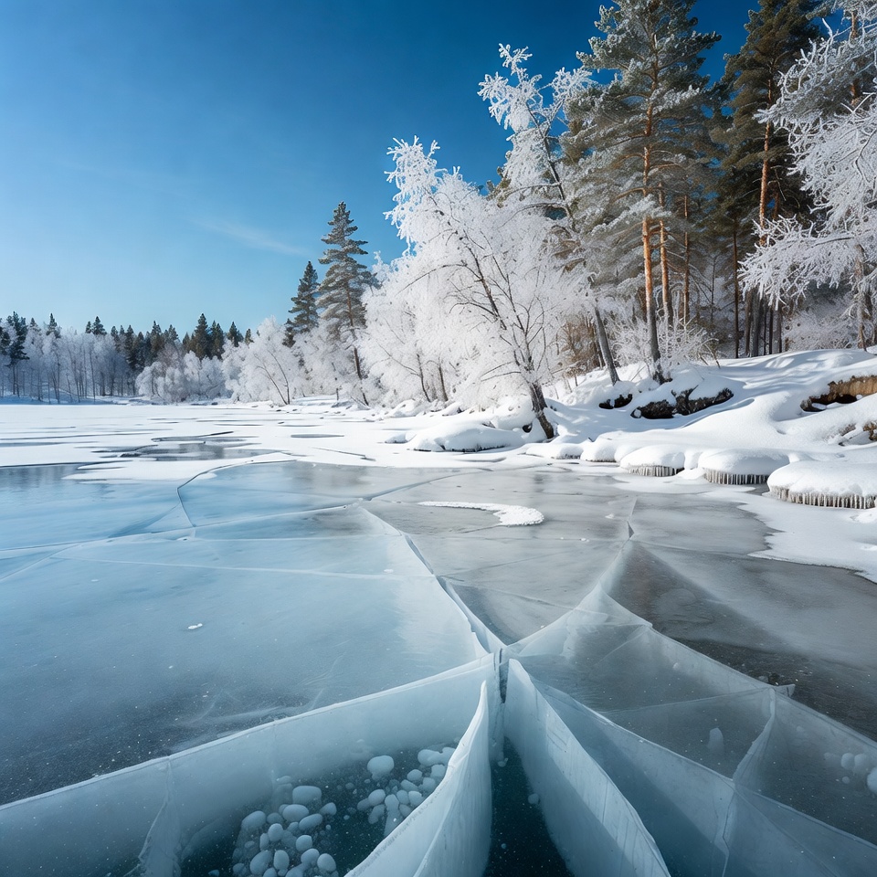 Cracked Ice on Frozen Lake with Snowy Trees Cracked Ice on Frozen Lake with Snowy Trees