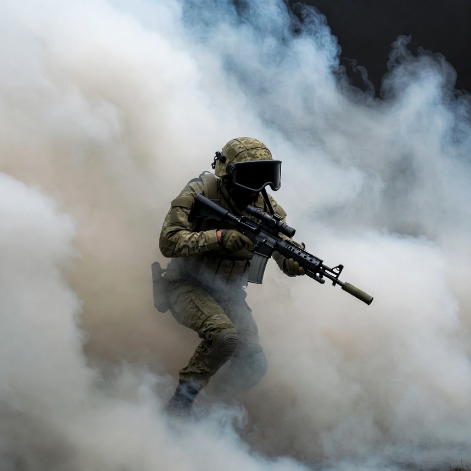 Soldier aiming rifle in smoke Soldier aiming rifle in smoke