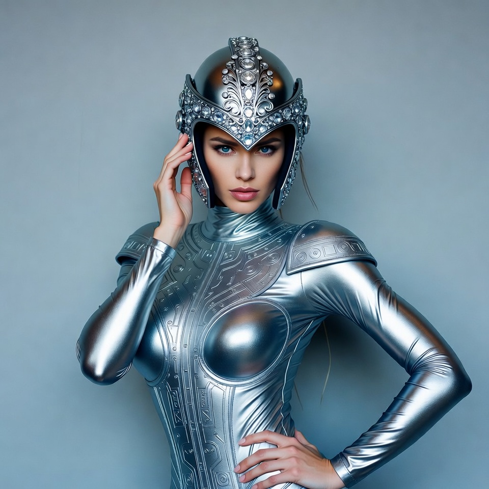 Woman in silver futuristic armor helmet Woman in silver futuristic armor helmet