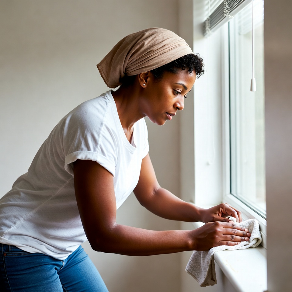 African-American woman cleaning window African-American woman cleaning window
