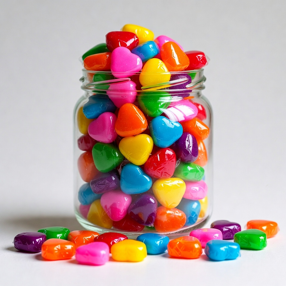 Colorful heart candies in glass jar Colorful heart candies in glass jar