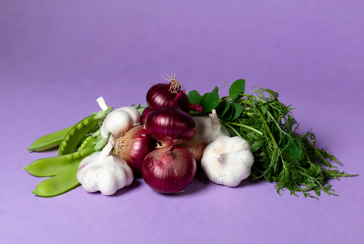 Garlic Onions Peas Dill Purple Background Garlic Onions Peas Dill Purple Background