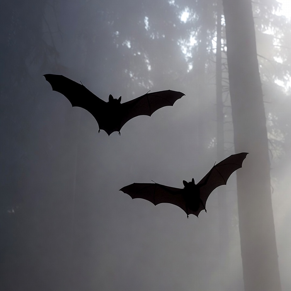Bats flying in misty forest Bats flying in misty forest