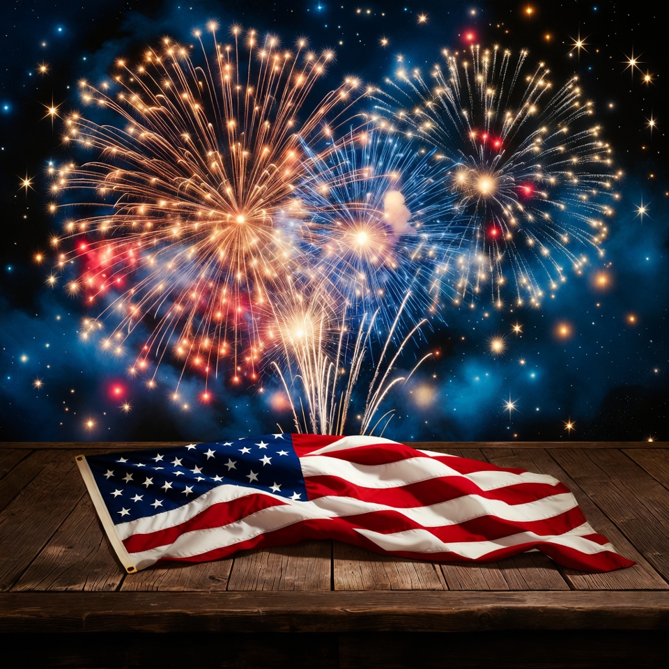 American Flag with Fireworks on Wood American Flag with Fireworks on Wood