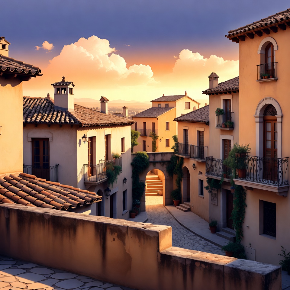 Sunset over European village street Sunset over European village street