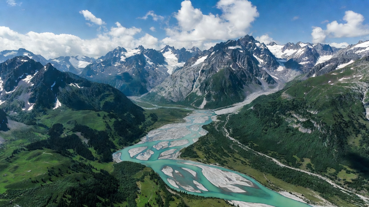 Aerial View of Turquoise River in Alps Aerial View of Turquoise River in Alps