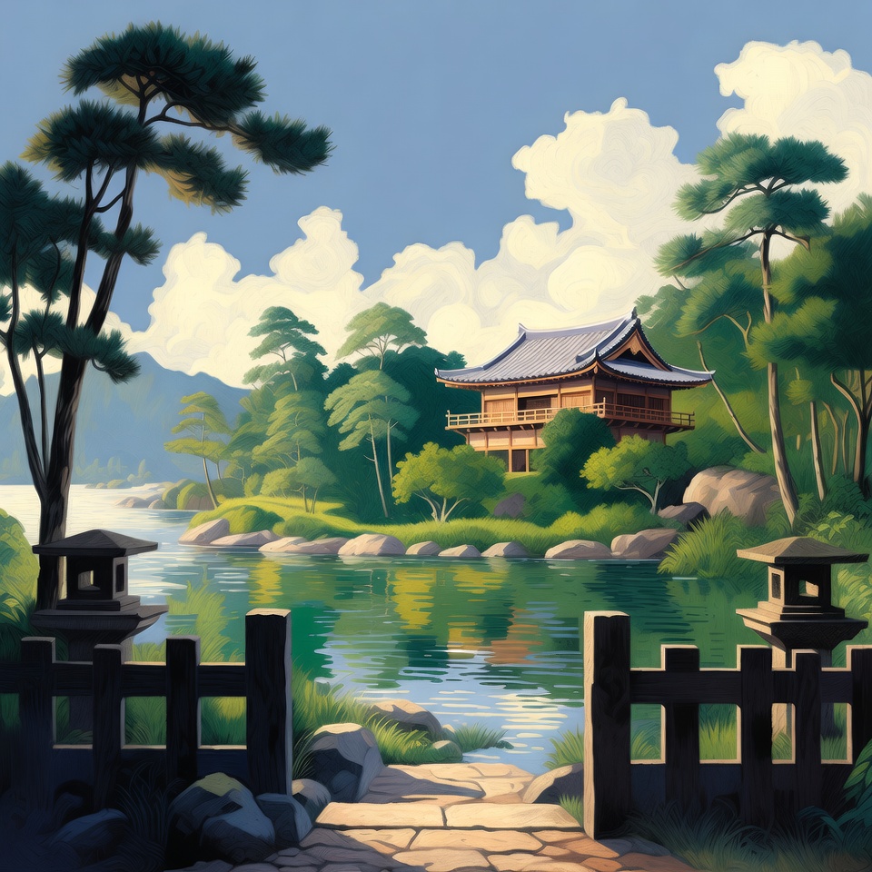 Japanese Temple by Lake and Pines Japanese Temple by Lake and Pines