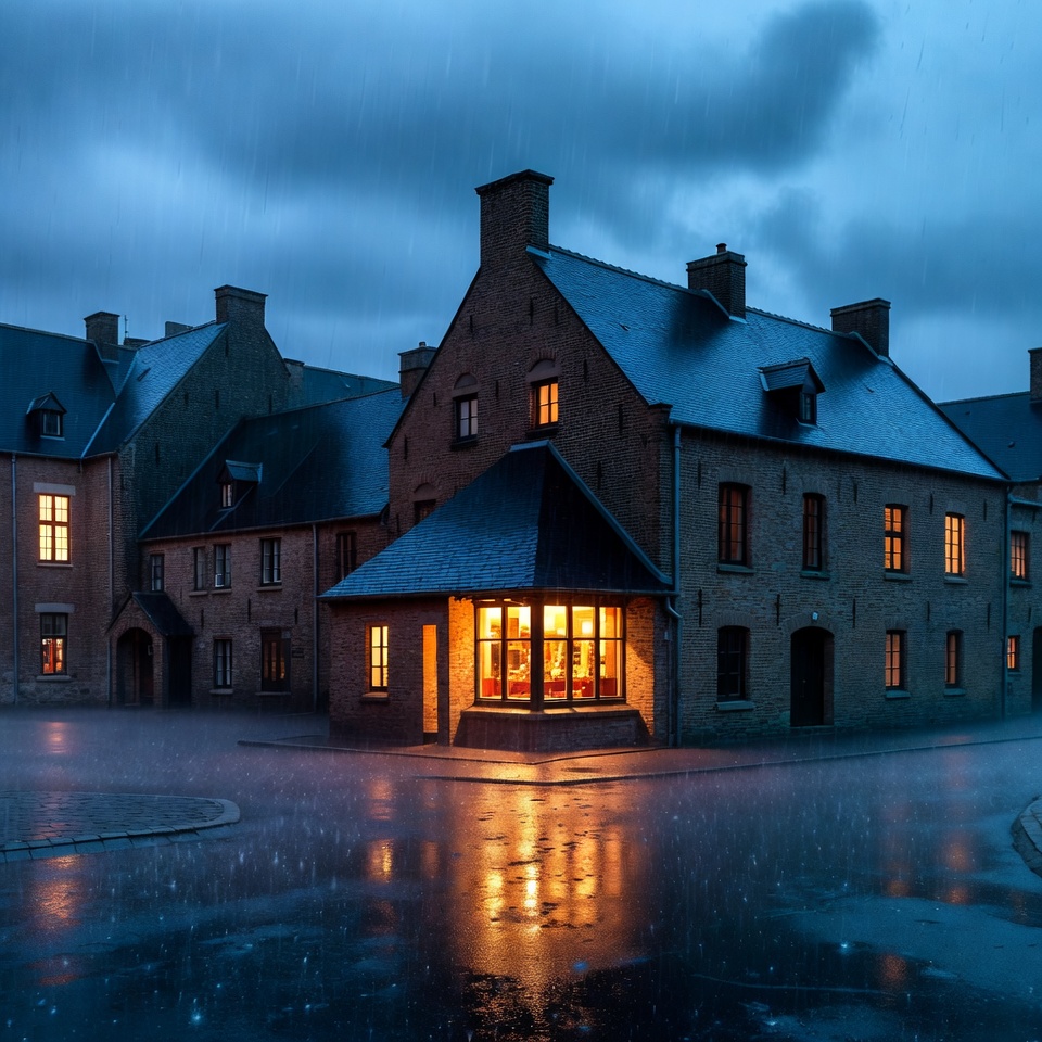 Lit Brick Houses in Rainy Night Lit Brick Houses in Rainy Night