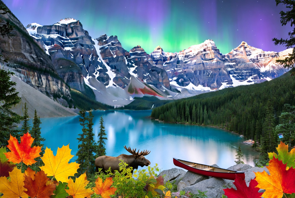 Moraine Lake with Aurora Borealis and Moose Moraine Lake with Aurora Borealis and Moose
