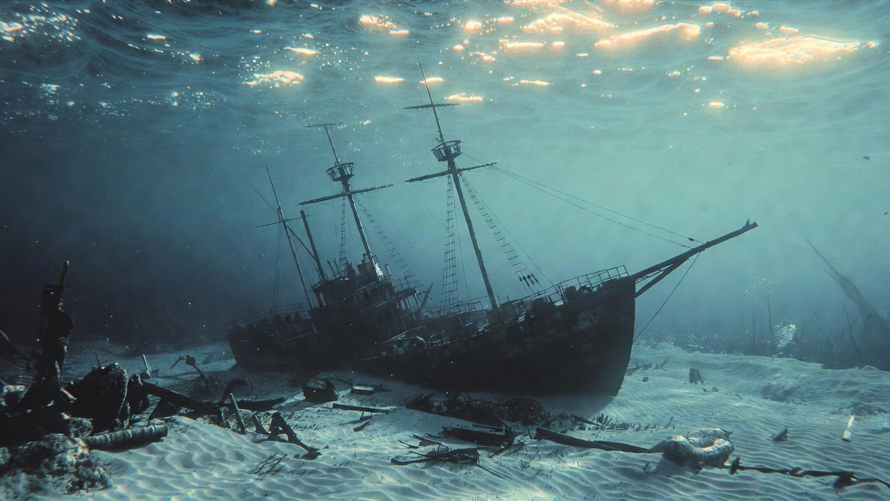 Sunken pirate ship underwater Sunken pirate ship underwater