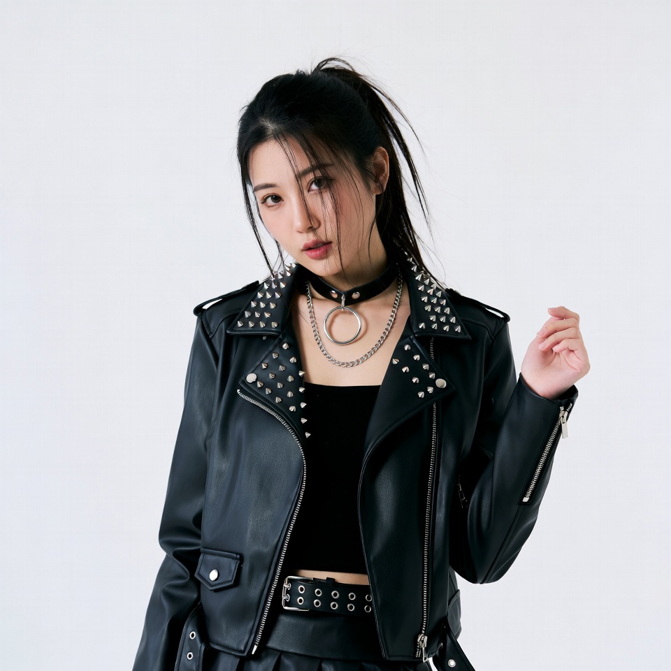 Asian woman in studded leather jacket Asian woman in studded leather jacket