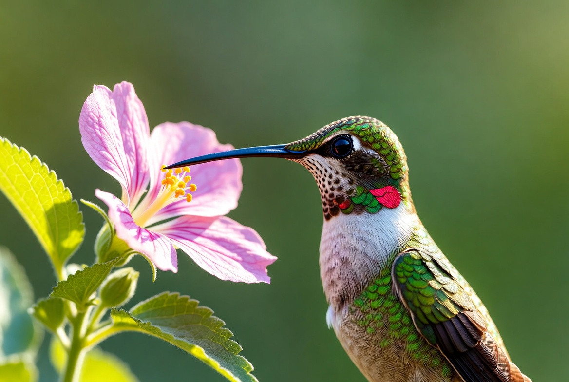 Hummingbird feeding on pink hibiscus flower Hummingbird feeding on pink hibiscus flower