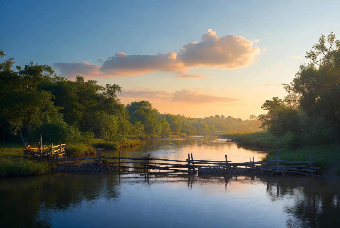 Wooden Footbridge over Calm River at Sunset Wooden Footbridge over Calm River at Sunset