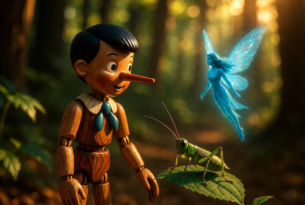Pinocchio with fairy and grasshopper Pinocchio with fairy and grasshopper