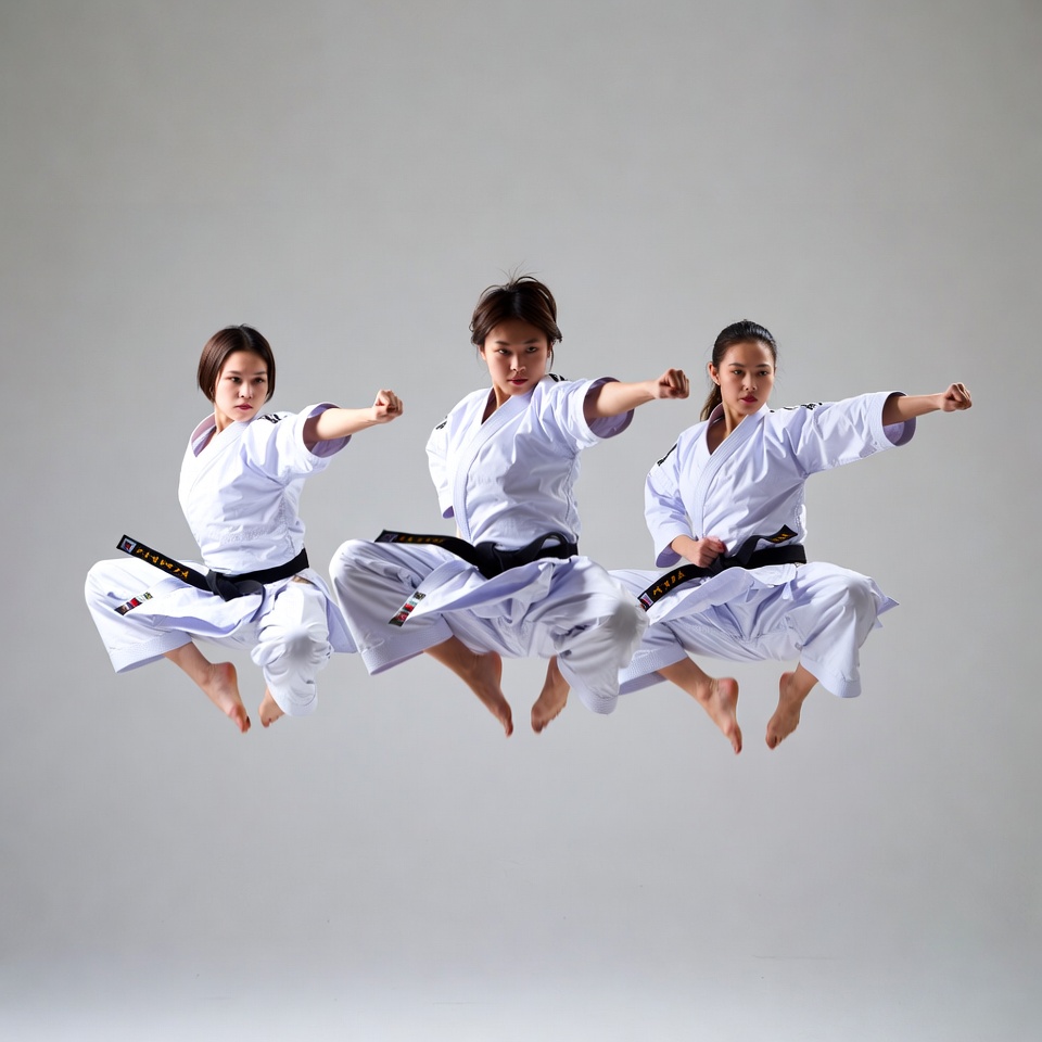 Three women performing karate kicks Three women performing karate kicks