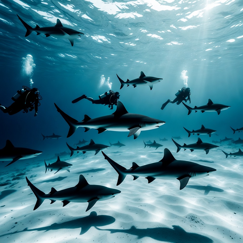 Scuba Divers Swimming with Sharks Scuba Divers Swimming with Sharks