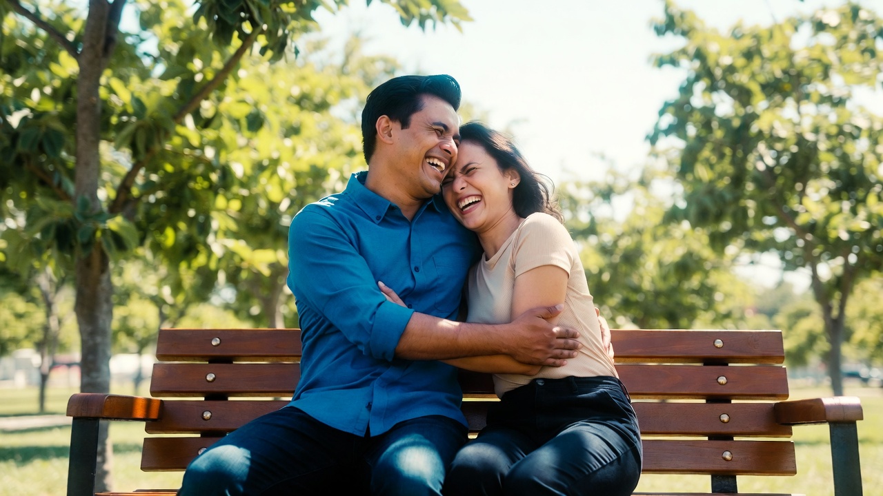 Latino couple hugging on park bench Latino couple hugging on park bench