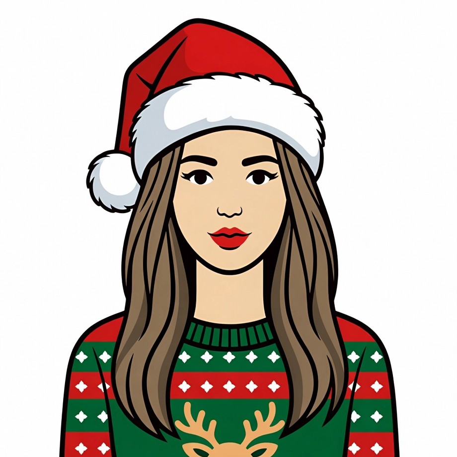 Woman in Santa hat reindeer sweater Woman in Santa hat reindeer sweater