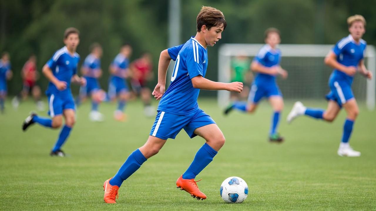 Boy kicking soccer ball on field Boy kicking soccer ball on field