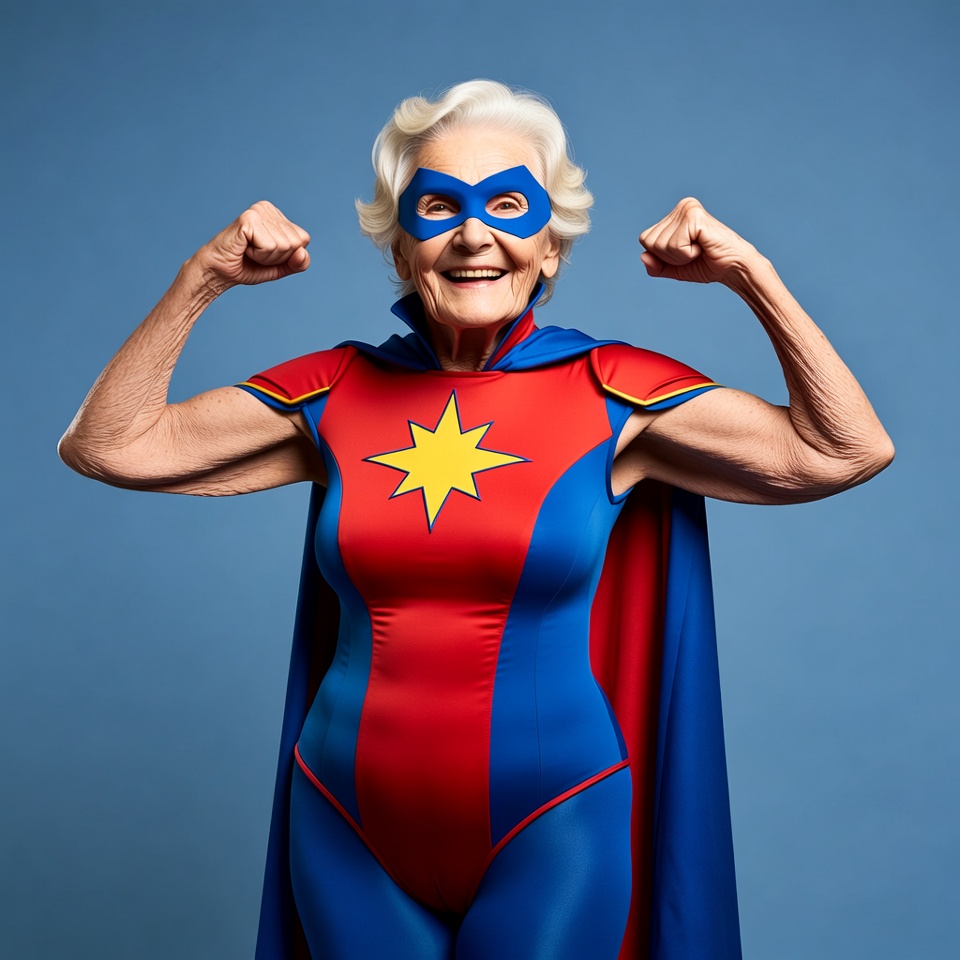 Elderly woman in Captain Marvel costume Elderly woman in Captain Marvel costume