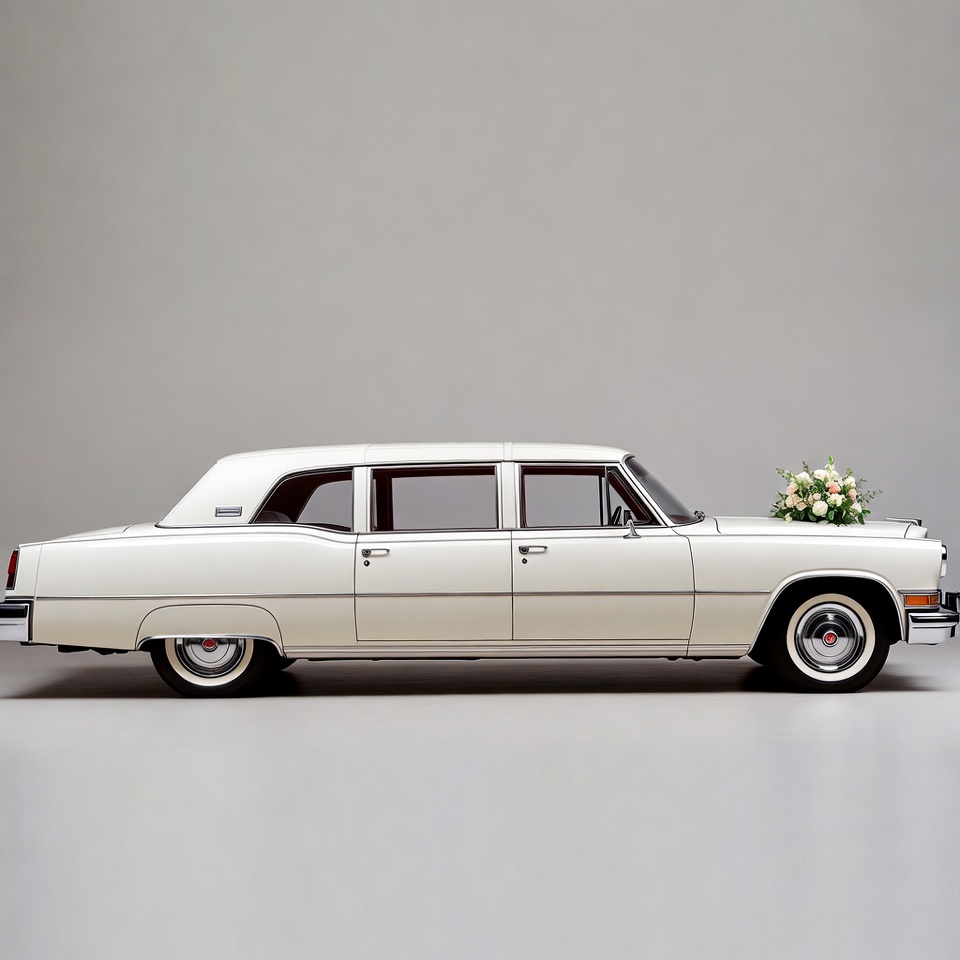 White vintage limousine with wedding flowers White vintage limousine with wedding flowers